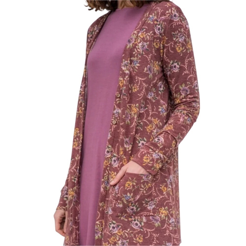Agnes & Dora Essential Cardigan Womens M Floral Burgundy Pockets Long Sleeve NWT
